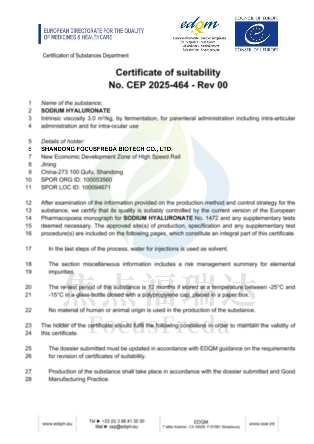 EDQM Certificate of Suitability No. CEP 2025-464 issued to Shandong Focusfreda Biotech for sodium hyaluronate API