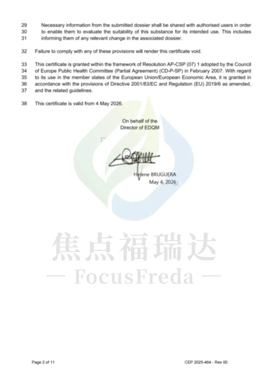 Signed page of CEP 2025-464, valid from 4 May 2026, on behalf of the Director of EDQM