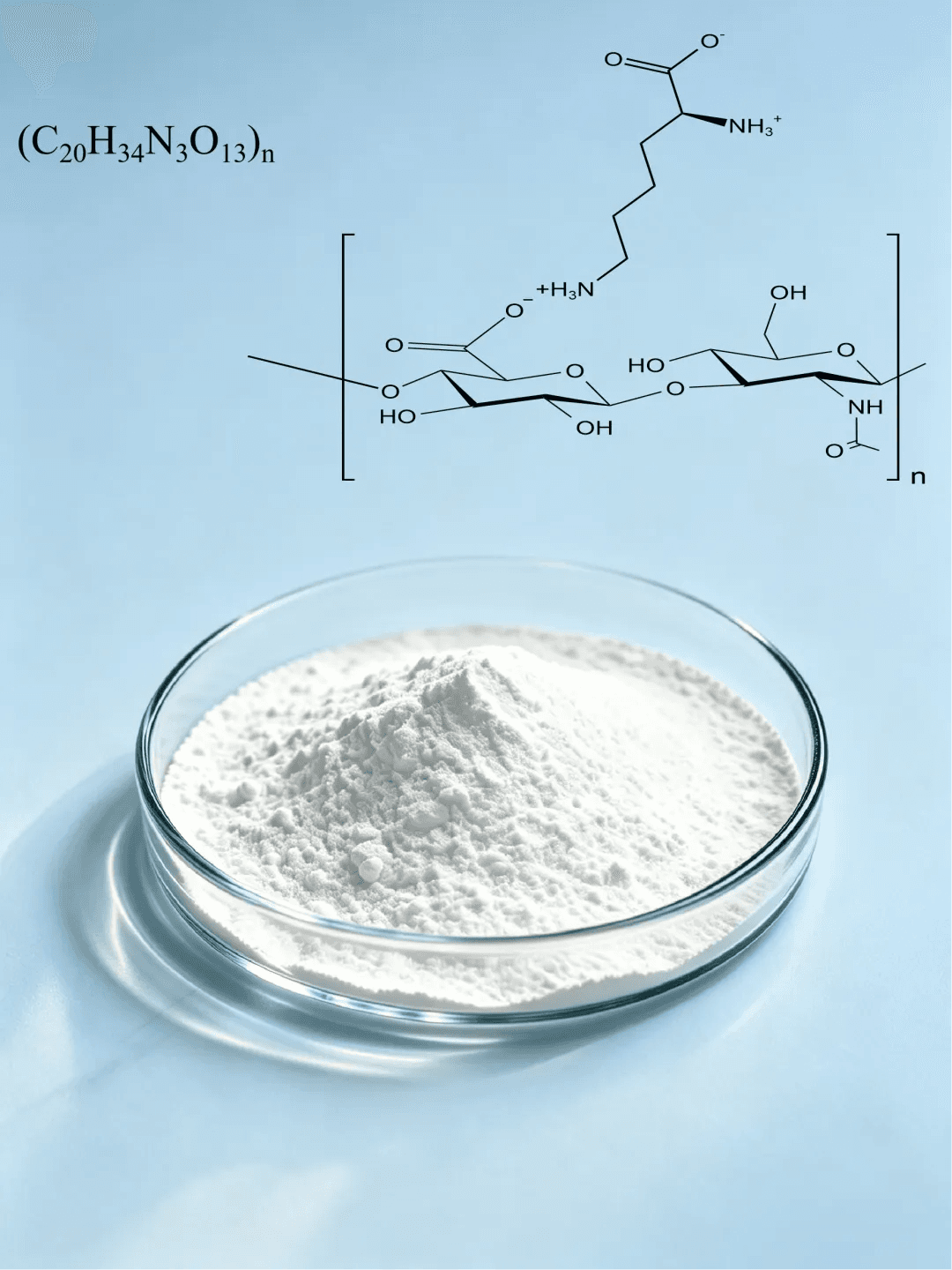Molecular structure and appearance of Lysine Hyaluronate